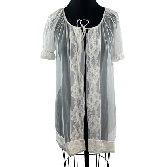 Vintage Movie Star White Sleep Robe Sheer Floral Lace Scoop Neck Tie Sz S Small - Picture 1 of 12